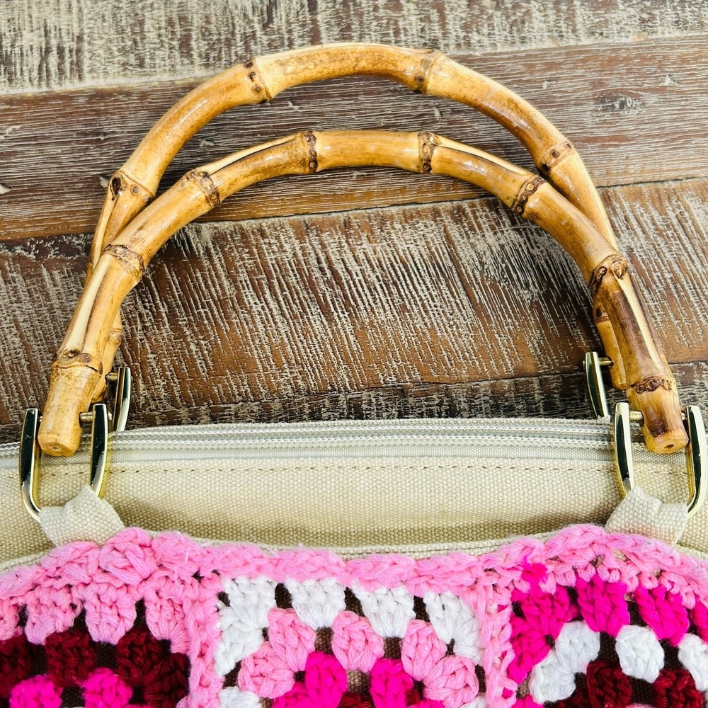 Boho Crochet Granny Square Purse Handbag Bamboo Style Handles Retro Hippie Pink - Picture 7 of 11